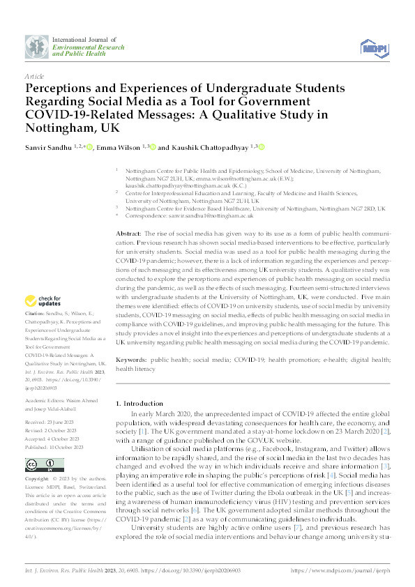 Perceptions and Experiences of Undergraduate Students Regarding Social Media as a Tool for Government COVID-19-Related Messages: A Qualitative Study in Nottingham, UK Thumbnail