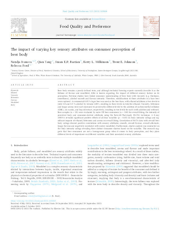 The impact of varying key sensory attributes on consumer perception of beer body Thumbnail