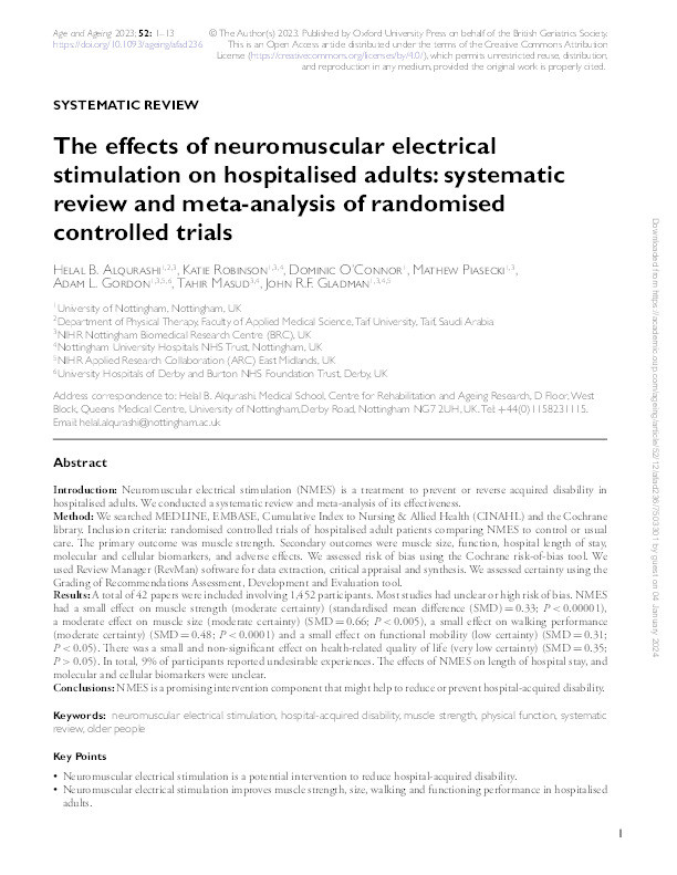 The effects of neuromuscular electrical stimulation on hospitalised adults: systematic review and meta-analysis of randomised controlled trials Thumbnail