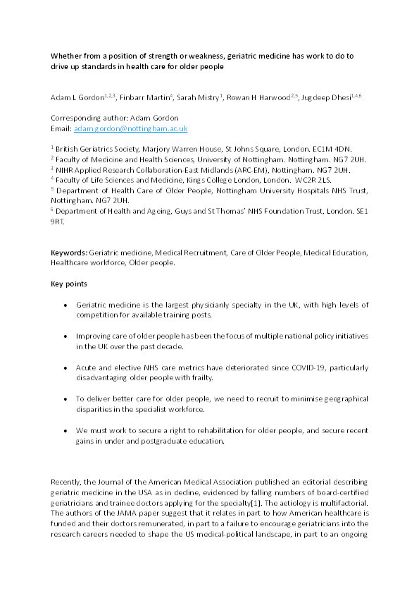 Whether from a position of strength or weakness, geriatric medicine has work to do to drive up standards in health care for older people Thumbnail