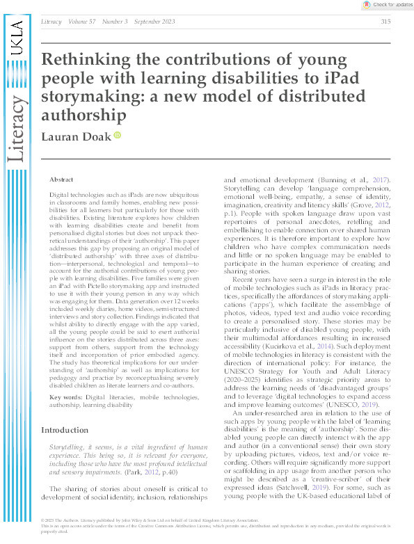 Rethinking the contributions of young people with learning disabilities to iPad storymaking: a new model of distributed authorship Thumbnail