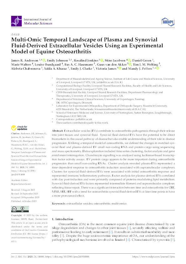 Multi-Omic Temporal Landscape of Plasma and Synovial Fluid-Derived Extracellular Vesicles Using an Experimental Model of Equine Osteoarthritis Thumbnail