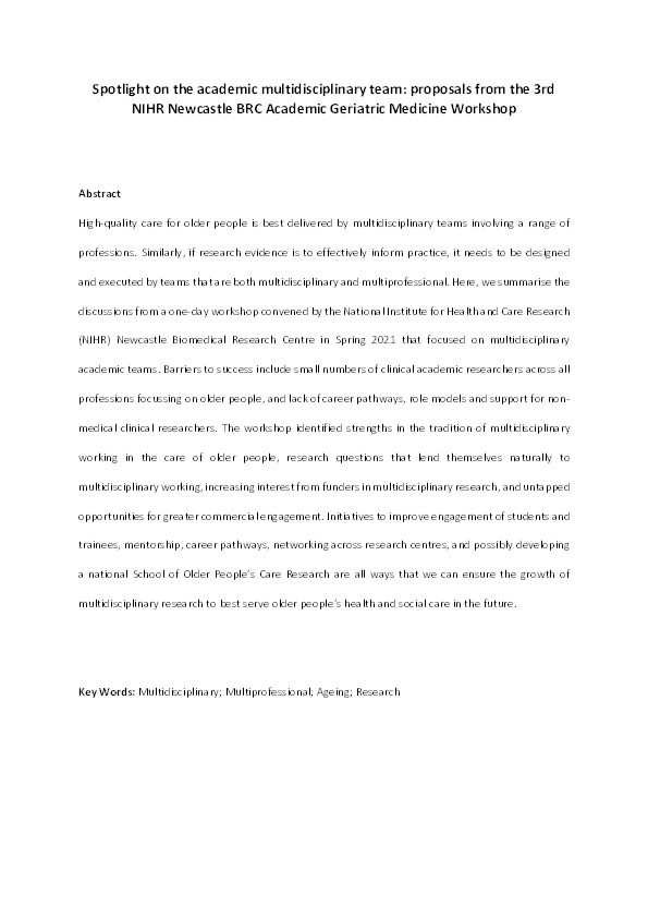 Spotlight on the academic multidisciplinary team: proposals from the 3rd NIHR Newcastle BRC Academic Geriatric Medicine Workshop Thumbnail