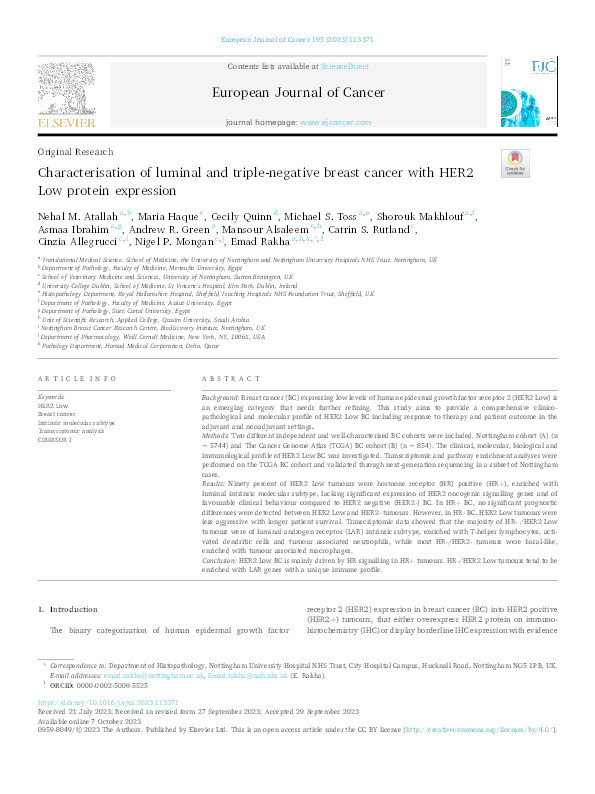 Characterisation of luminal and triple-negative breast cancer with HER2 Low protein expression Thumbnail