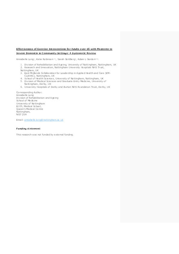 Effectiveness of exercise interventions for adults over 65 with moderate-to-severe dementia in community settings: a systematic review Thumbnail