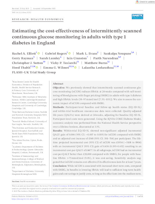 Estimating the cost-effectiveness of intermittently scanned continuous glucose monitoring in adults with type 1 diabetes in England Thumbnail