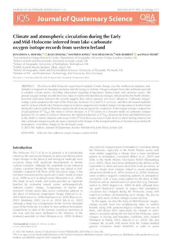 Climate and atmospheric circulation during the Early and Mid‐Holocene inferred from lake‐carbonate oxygen‐isotope records from western Ireland Thumbnail