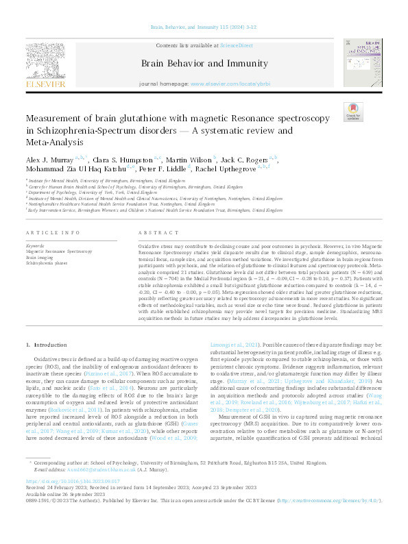 Measurement of brain glutathione with magnetic Resonance spectroscopy in Schizophrenia-Spectrum disorders - A systematic review and Meta-Analysis. Thumbnail