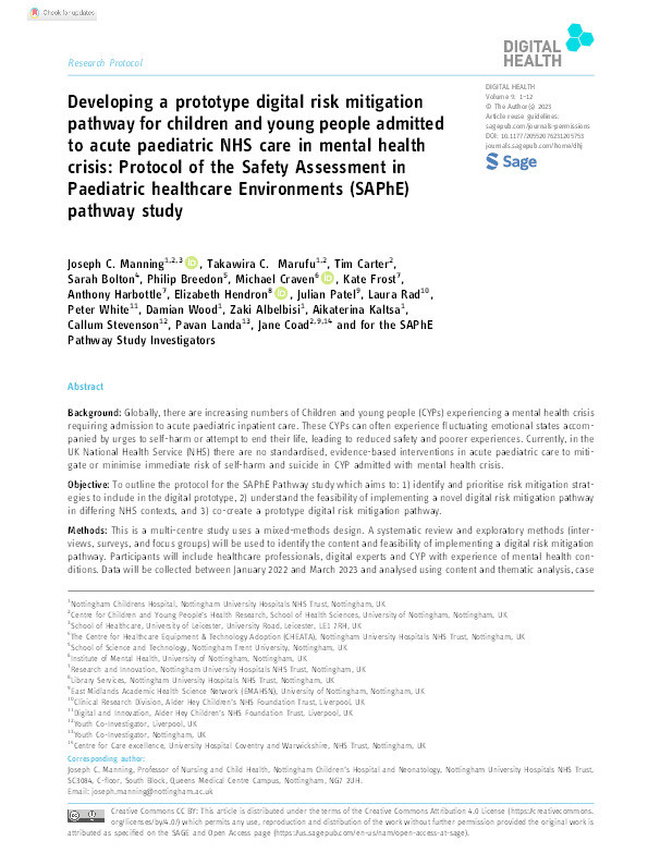 Developing a prototype digital risk mitigation pathway for children and young people admitted to acute paediatric NHS care in mental health crisis: Protocol of the Safety Assessment in Paediatric healthcare Environments (SAPhE) pathway study Thumbnail