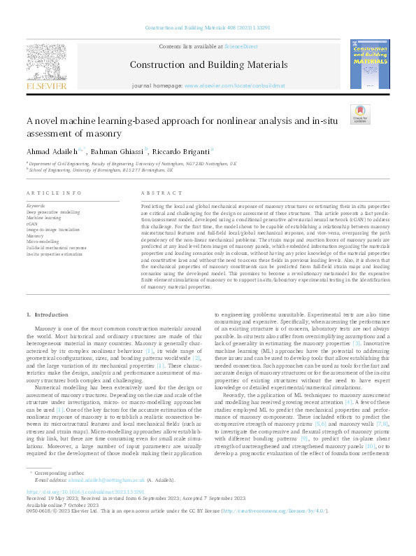 A novel machine learning-based approach for nonlinear analysis and in-situ assessment of masonry Thumbnail