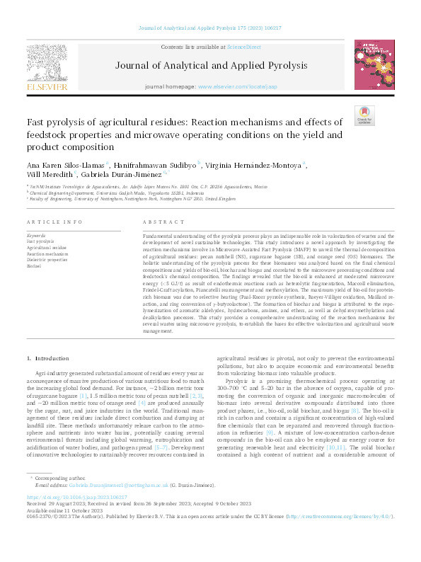 Fast pyrolysis of agricultural residues: Reaction mechanisms and effects of feedstock properties and microwave operating conditions on the yield and product composition Thumbnail