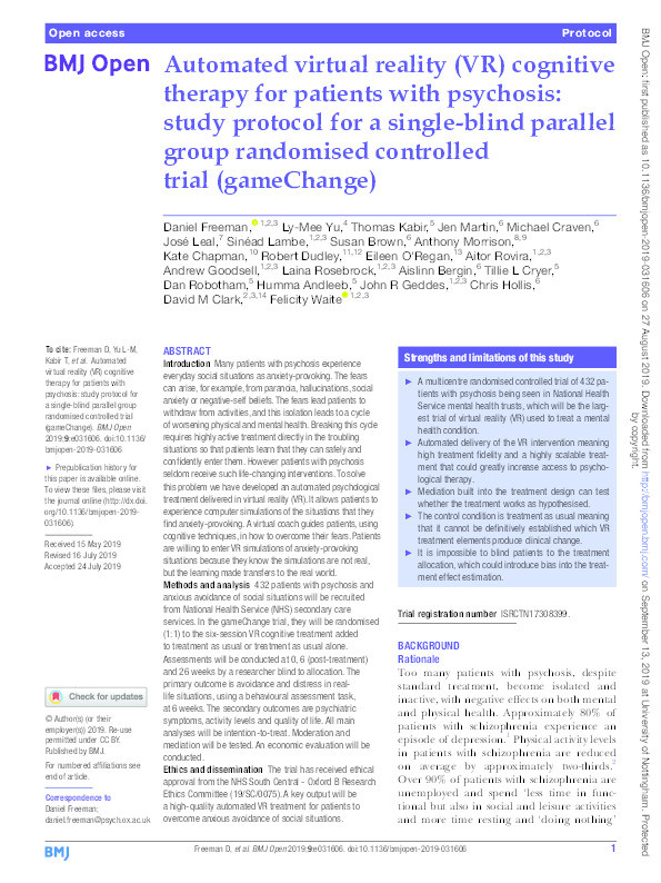Automated virtual reality (VR) cognitive therapy for patients with psychosis: study protocol for a single-blind parallel group randomised controlled trial (gameChange) Thumbnail