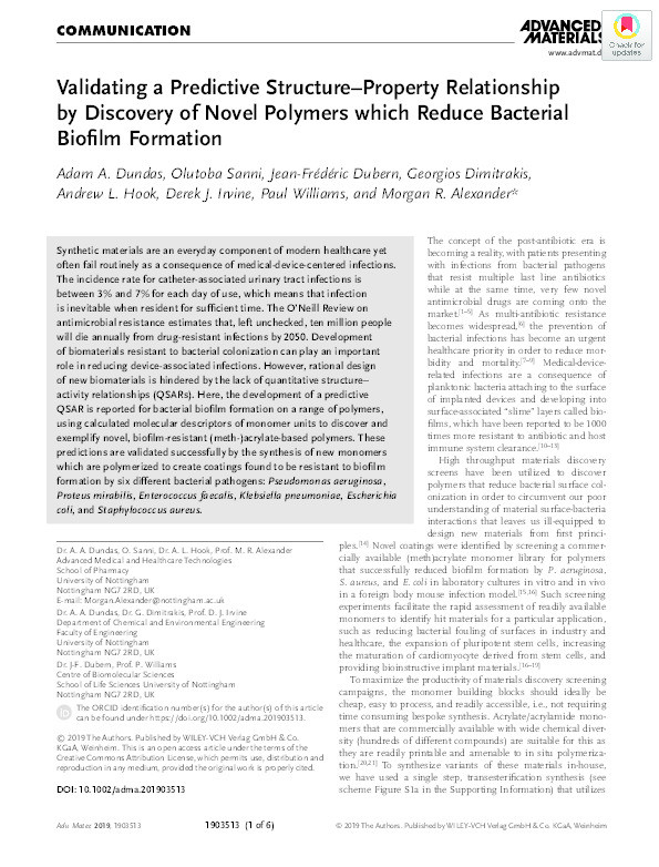 Validating a Predictive Structure-Property Relationship by Discovery of Novel Polymers which Reduce Bacterial Biofilm Formation Thumbnail