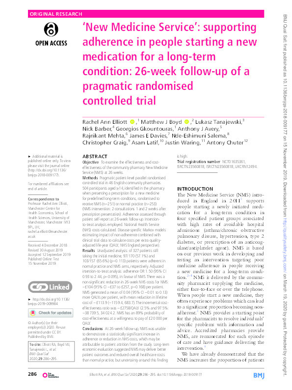 ‘New Medicine Service’: supporting adherence in people starting a new medication for a long-term condition: 26-week follow-up of a pragmatic randomised controlled trial Thumbnail