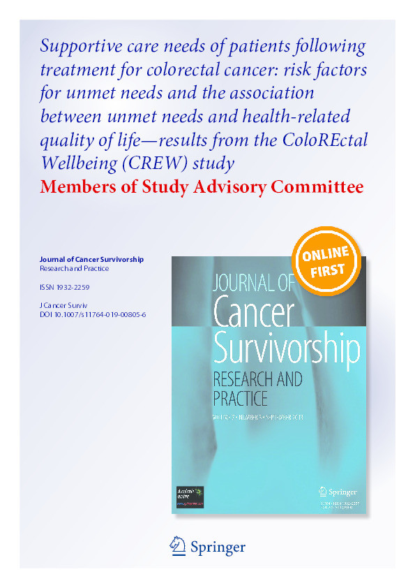 Supportive care needs of patients following treatment for colorectal cancer: risk factors for unmet needs and the association between unmet needs and health-related quality of life—results from the ColoREctal Wellbeing (CREW) study Thumbnail