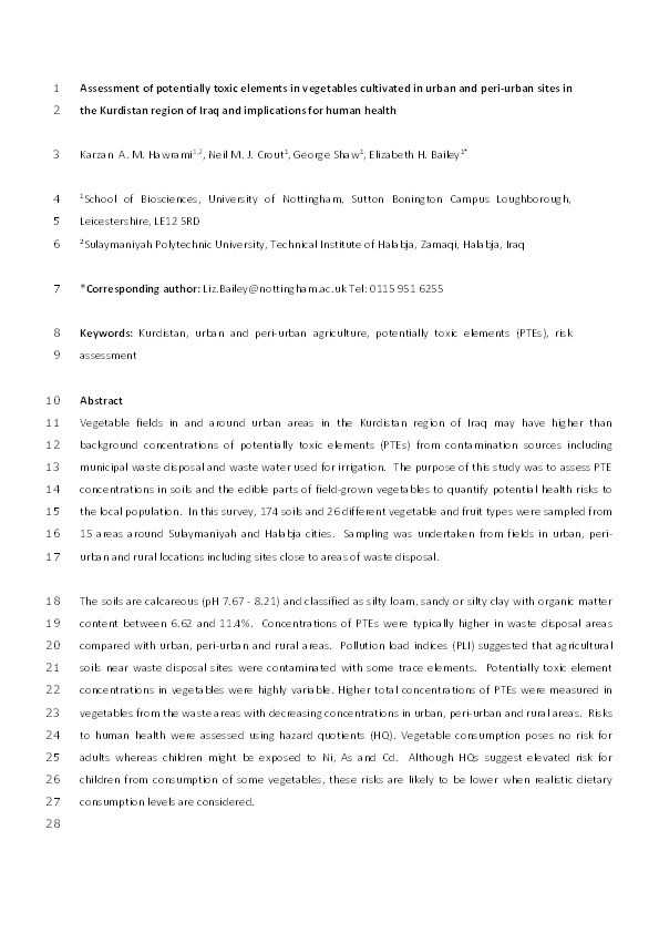Assessment of potentially toxic elements in vegetables cultivated in urban and peri-urban sites in the Kurdistan region of Iraq and implications for human health Thumbnail