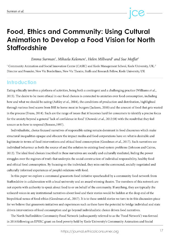 Food, Ethics and Community: Using Cultural Animation to Develop a Food Vision for North Staffordshire Thumbnail