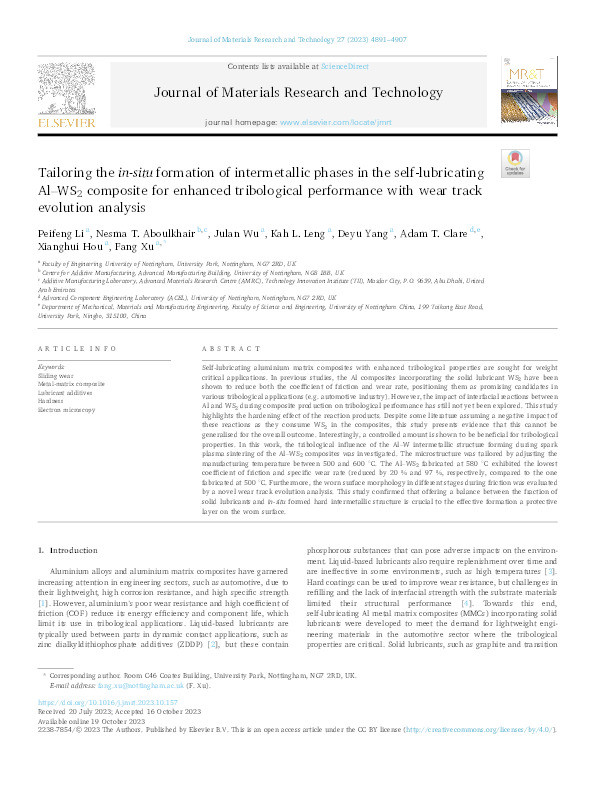 Tailoring the in-situ formation of intermetallic phases in the self-lubricating Al-WS2 composite for enhanced tribological performance with wear track evolution analysis Thumbnail