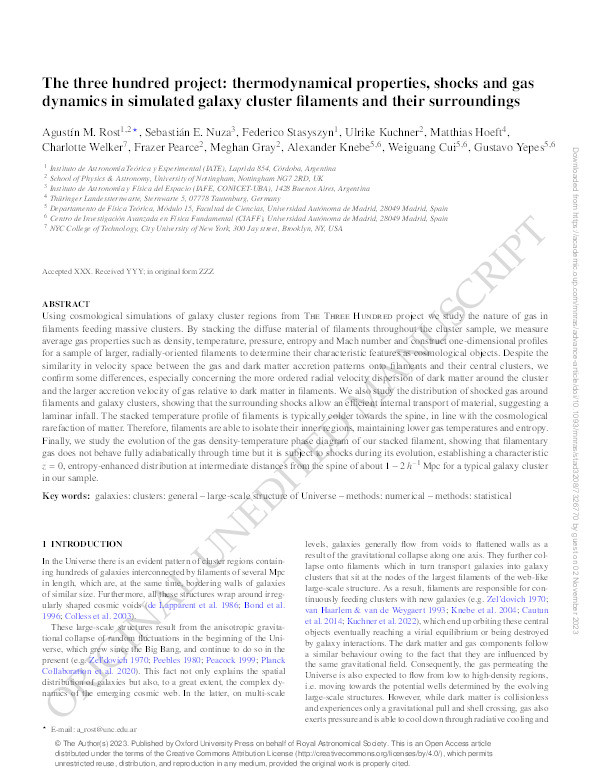 The three hundred project: thermodynamical properties, shocks, and gas dynamics in simulated galaxy cluster filaments and their surroundings Thumbnail