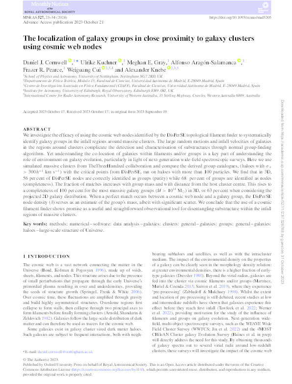 The localization of galaxy groups in close proximity to galaxy clusters using cosmic web nodes Thumbnail