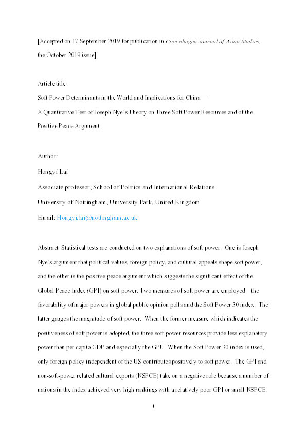 Soft Power Determinants in the World and Implications for China: A Quantitative Test of Joseph Nye's Theory on Three Soft Power Resources and of the Positive Peace Agreement Thumbnail