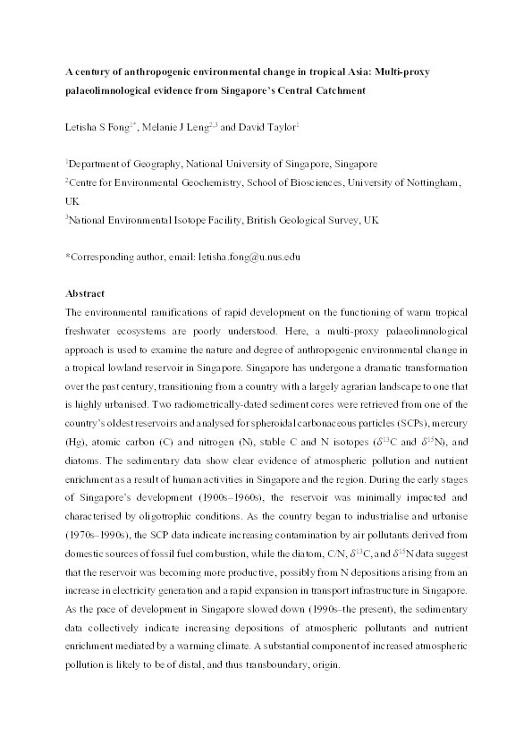 A century of anthropogenic environmental change in tropical Asia: Multi-proxy palaeolimnological evidence from Singapore’s Central Catchment Thumbnail