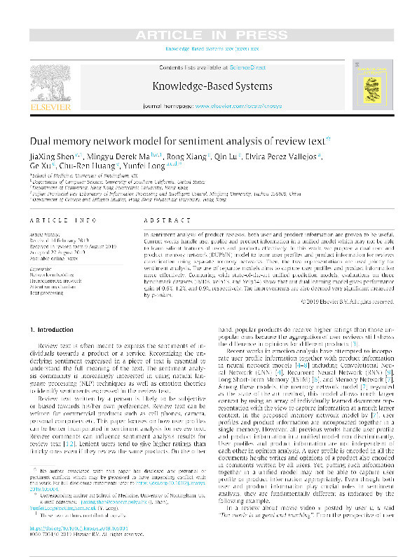 Dual memory network model for sentiment analysis of review text Thumbnail