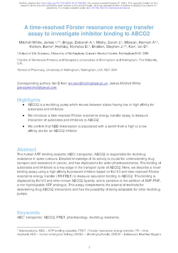A time-resolved Förster resonance energy transfer assay to investigate inhibitor binding to ABCG2 Thumbnail