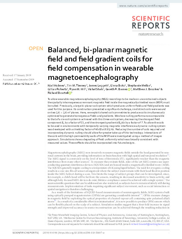 Balanced, bi-planar magnetic field and field gradient coils for field compensation in wearable magnetoencephalography Thumbnail