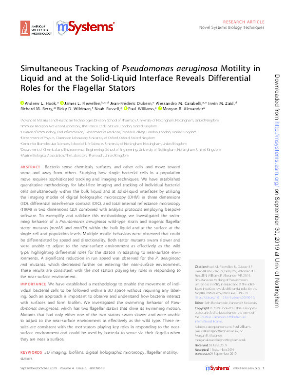 Simultaneous Tracking of Pseudomonas aeruginosa motility in liquid and at the Solid-Liquid Interface Reveals Differential Roles for the Flagellar Stators Thumbnail