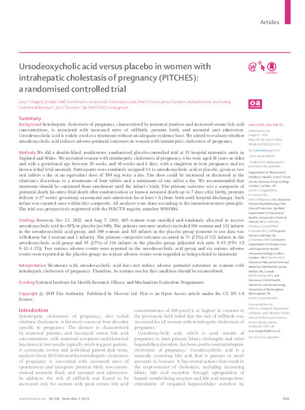 Ursodeoxycholic acid versus placebo in women with intrahepatic cholestasis of pregnancy (PITCHES): a randomised controlled trial Thumbnail
