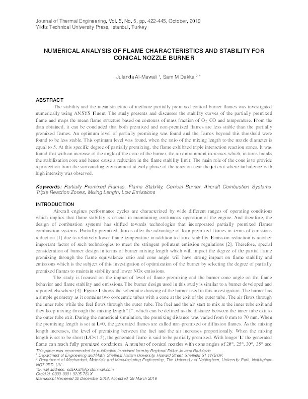 Numerical analysis of flame characteristics and stability for conical nozzle burner Thumbnail