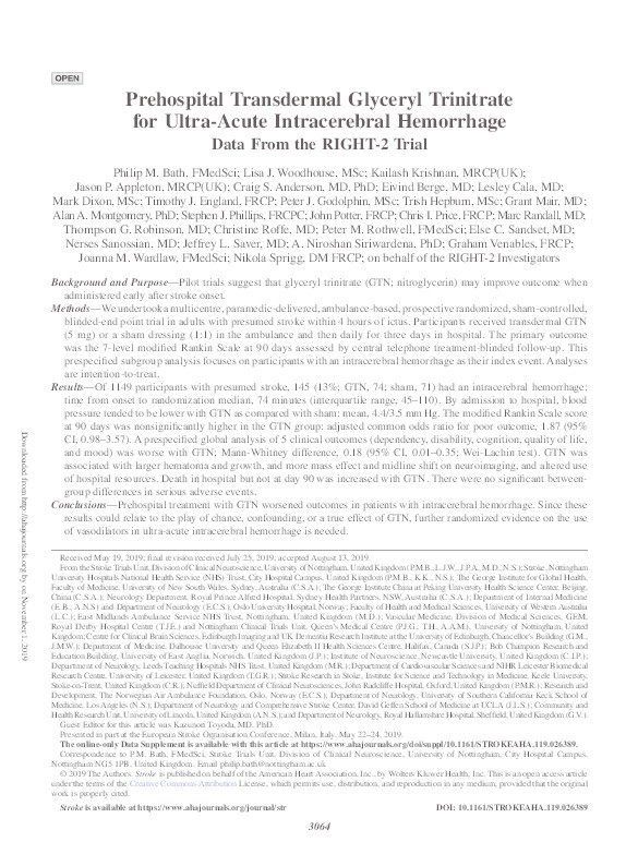 Prehospital Transdermal Glyceryl Trinitrate for Ultra-Acute Intracerebral Hemorrhage Thumbnail