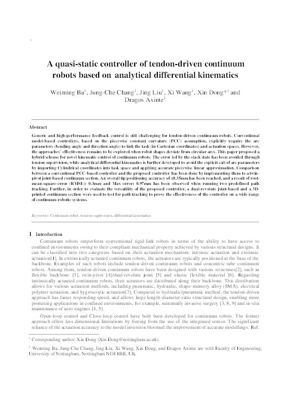 An analytical differential kinematics-based method for controlling tendon-driven continuum robots Thumbnail