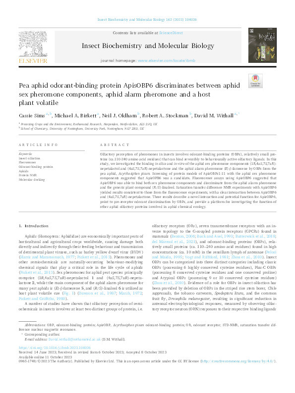Pea aphid odorant-binding protein ApisOBP6 discriminates between aphid sex pheromone components, aphid alarm pheromone and a host plant volatile Thumbnail