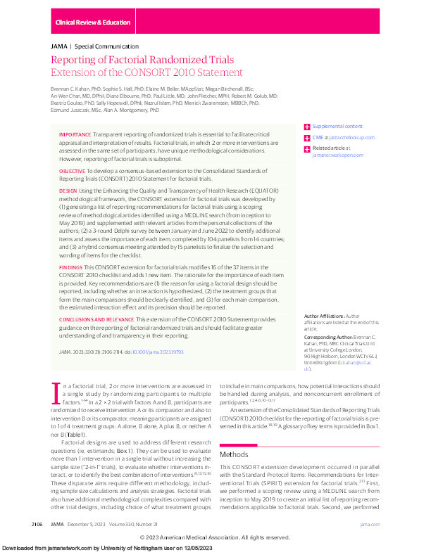 Reporting of Factorial Randomized Trials: Extension of the CONSORT 2010 Statement Thumbnail