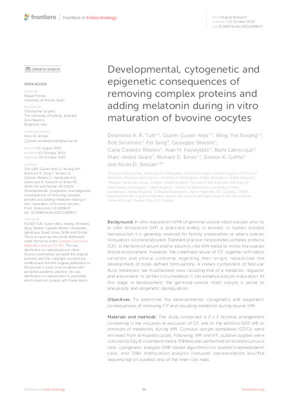 Developmental, cytogenetic and epigenetic consequences of removing complex proteins and adding melatonin during in vitro maturation of bovine oocytes Thumbnail