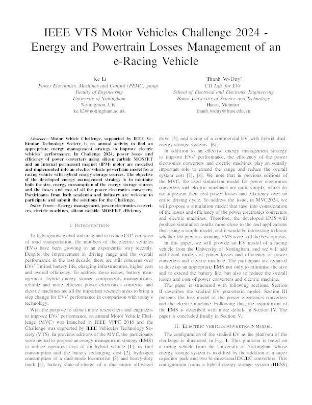 IEEE VTS Motor Vehicles Challenge 2024 - Energy and Powertrain Losses Management of an e-Racing Vehicle Thumbnail