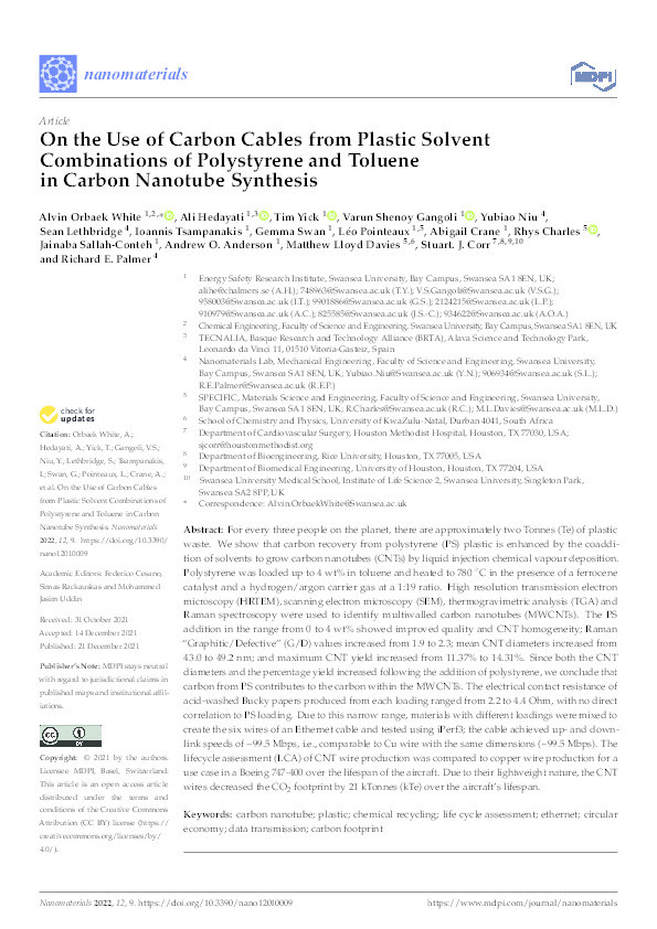 On the Use of Carbon Cables from Plastic Solvent Combinations of Polystyrene and Toluene in Carbon Nanotube Synthesis Thumbnail