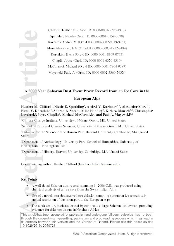 A 2000 Year Saharan Dust Event Proxy Record from an Ice Core in the European Alps Thumbnail