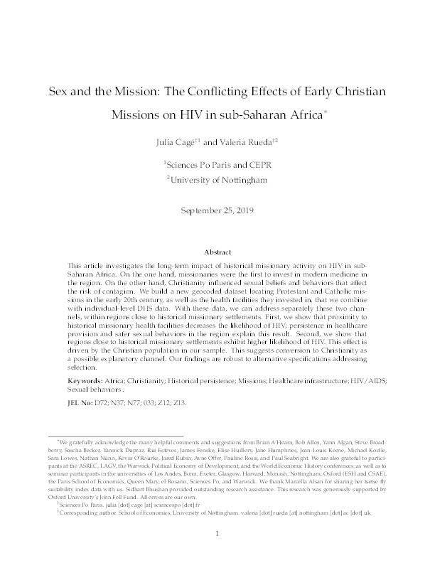 Sex and the mission: the conflicting effects of early Christian missions on HIV in sub-Saharan Africa Thumbnail