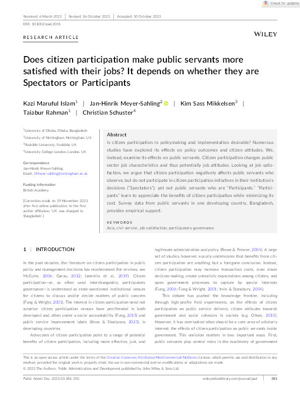 Does citizen participation make public servants more satisfied with their jobs? It depends on whether they are Spectators or Participants Thumbnail