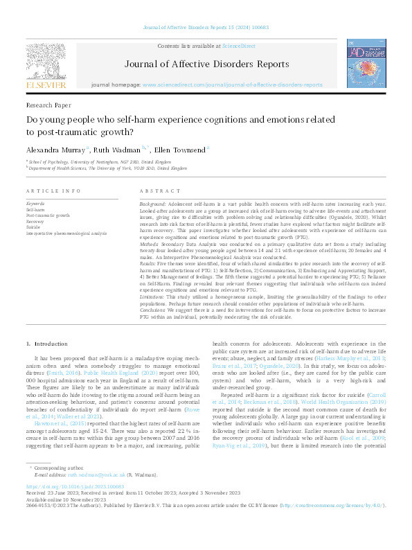 Do young people who self-harm experience cognitions and emotions related to post-traumatic growth? Thumbnail