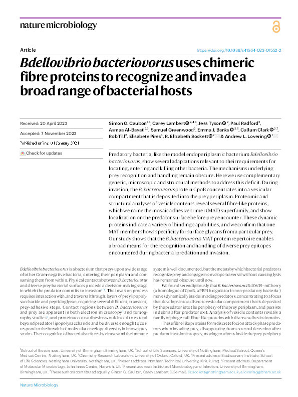 Bdellovibrio bacteriovorus uses chimeric fibre proteins to recognize and invade a broad range of bacterial hosts Thumbnail