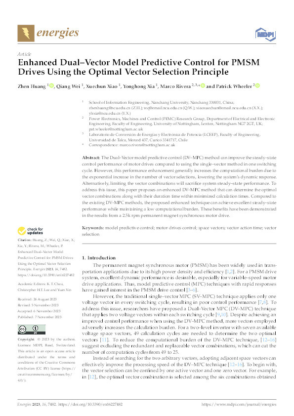 Enhanced Dual–Vector Model Predictive Control for PMSM Drives Using the Optimal Vector Selection Principle Thumbnail