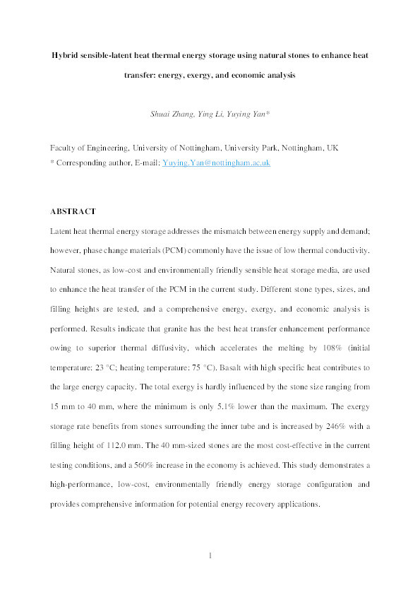 Hybrid sensible-latent heat thermal energy storage using natural stones to enhance heat transfer: Energy, exergy, and economic analysis Thumbnail