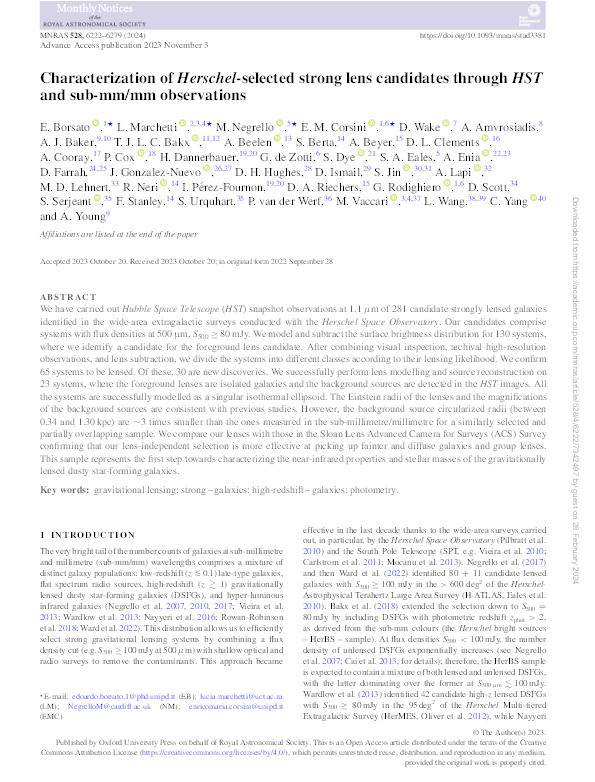 Characterization of Herschel-selected strong lens candidates through HST and sub-mm/mm observations Thumbnail