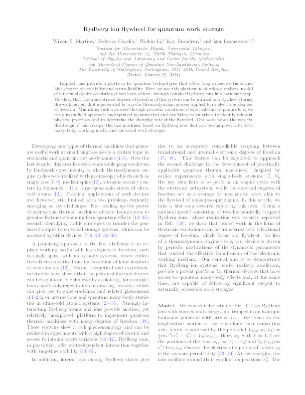 Rydberg-ion flywheel for quantum work storage Thumbnail