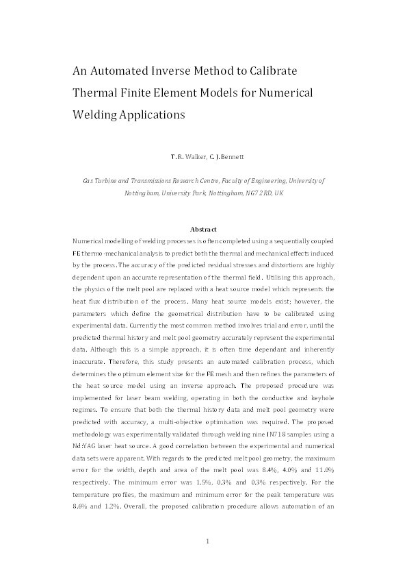 An Automated Inverse Method to Calibrate Thermal Finite Element Models for Numerical Welding Applications Thumbnail