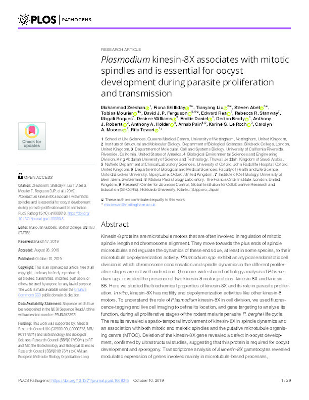 Plasmodium kinesin-8X associates with mitotic spindles and is essential for oocyst development during parasite proliferation and transmission Thumbnail